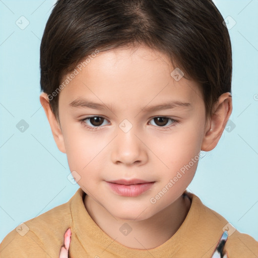 Joyful white child female with short  brown hair and brown eyes