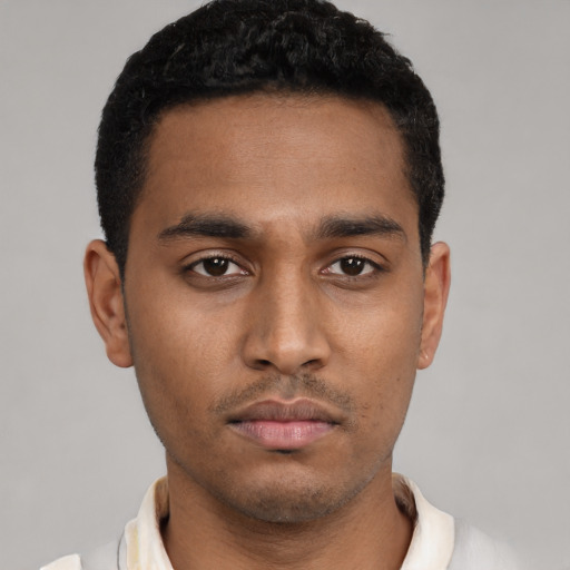 Neutral black young-adult male with short  black hair and brown eyes