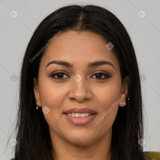 Joyful latino young-adult female with long  brown hair and brown eyes