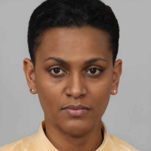 Neutral latino young-adult female with short  black hair and brown eyes