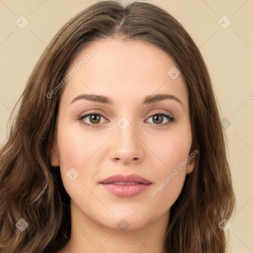 Neutral white young-adult female with long  brown hair and brown eyes