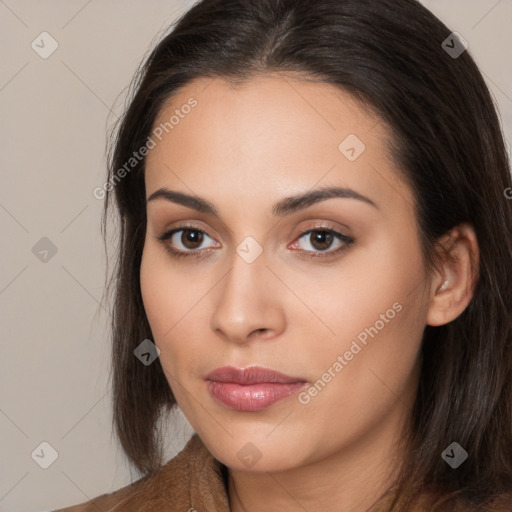 Neutral white young-adult female with long  brown hair and brown eyes