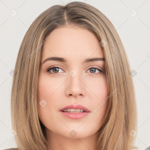 Neutral white young-adult female with long  brown hair and brown eyes