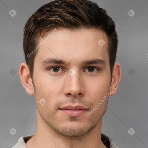 Neutral white young-adult male with short  brown hair and brown eyes