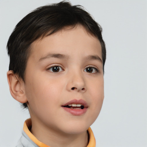 Joyful white child female with short  brown hair and brown eyes