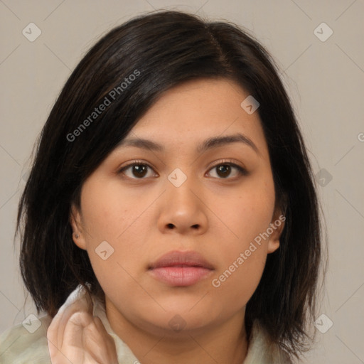 Neutral asian young-adult female with medium  brown hair and brown eyes