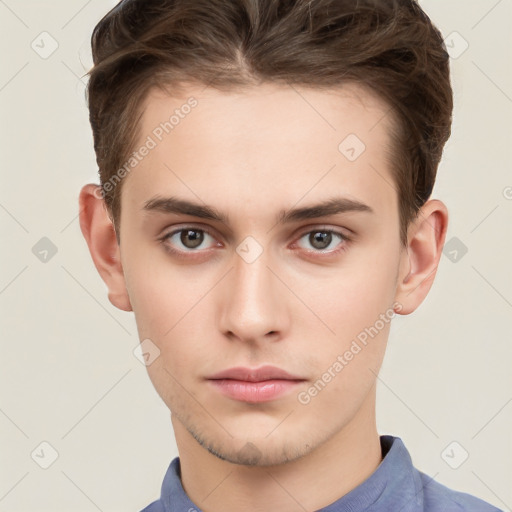 Neutral white young-adult male with short  brown hair and brown eyes