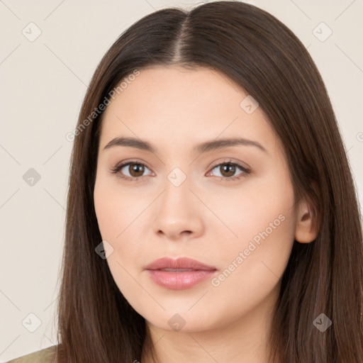 Neutral white young-adult female with long  brown hair and brown eyes