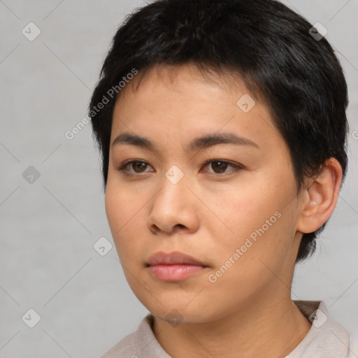 Neutral asian young-adult female with short  black hair and brown eyes