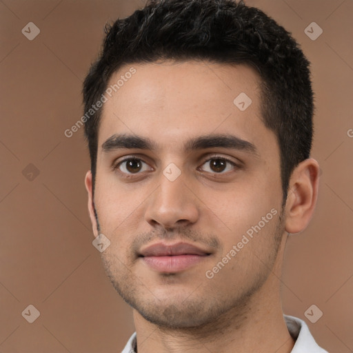 Neutral white young-adult male with short  brown hair and brown eyes