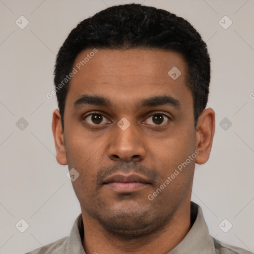 Neutral latino young-adult male with short  black hair and brown eyes
