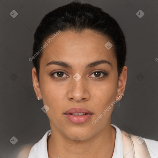 Neutral latino young-adult female with short  brown hair and brown eyes