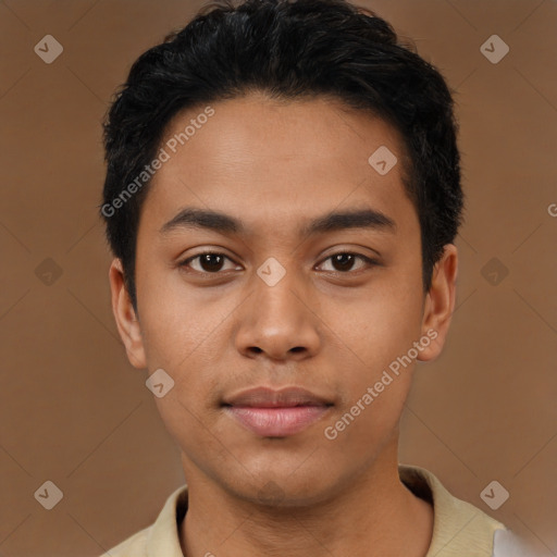 Neutral latino young-adult male with short  black hair and brown eyes