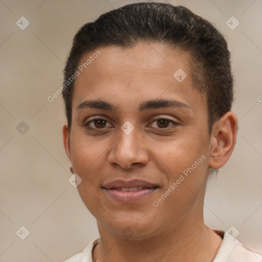 Joyful white young-adult female with short  brown hair and brown eyes