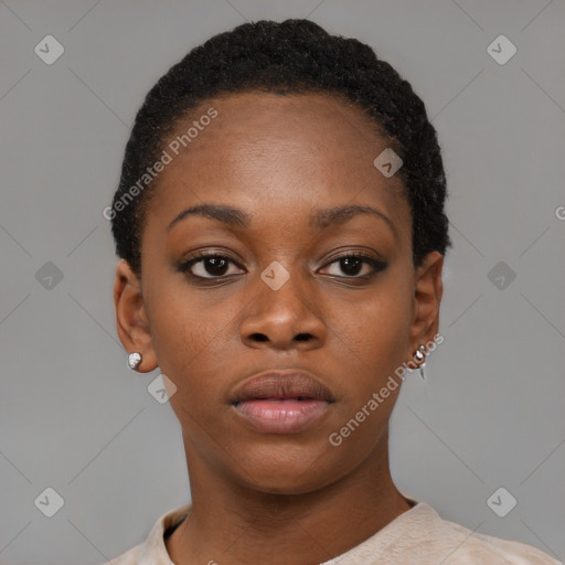 Neutral black young-adult female with short  black hair and brown eyes