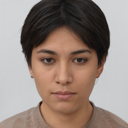 Neutral asian young-adult female with short  brown hair and brown eyes