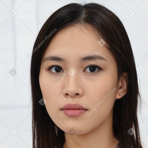 Neutral asian young-adult female with long  brown hair and brown eyes