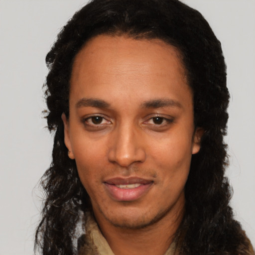 Neutral black adult female with long  brown hair and brown eyes