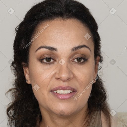 Joyful white adult female with long  brown hair and brown eyes