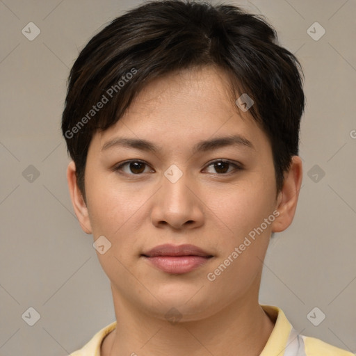 Joyful asian young-adult female with short  brown hair and brown eyes