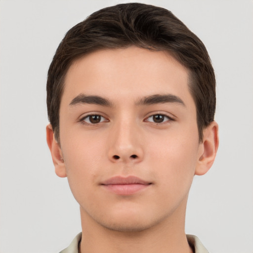 Neutral white young-adult male with short  brown hair and brown eyes