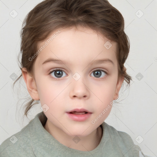 Neutral white child female with medium  brown hair and blue eyes