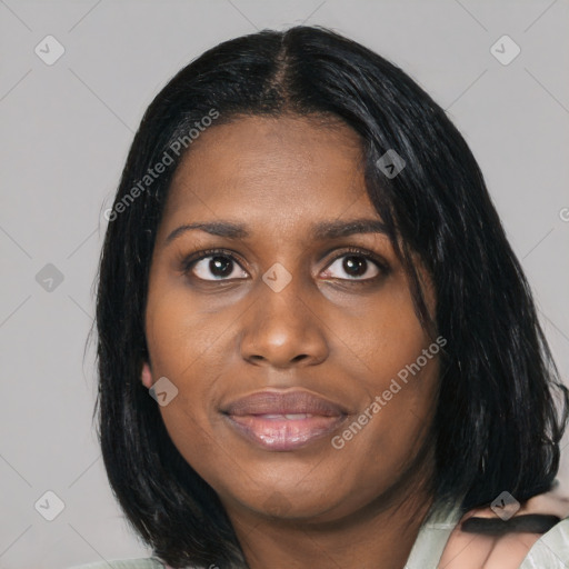 Joyful asian young-adult female with medium  black hair and brown eyes