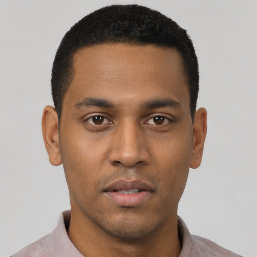 Neutral black young-adult male with short  black hair and brown eyes