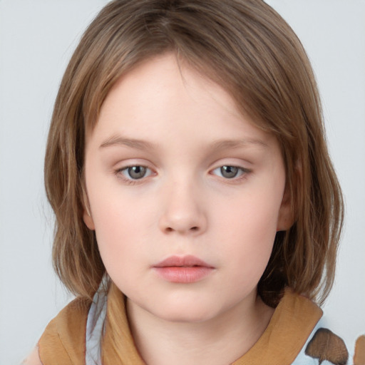 Neutral white child female with medium  brown hair and grey eyes