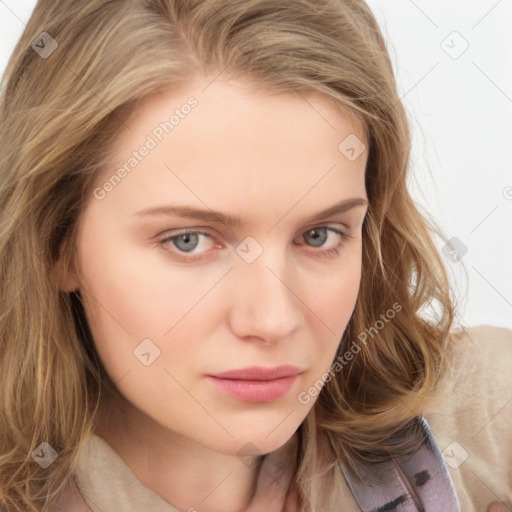 Neutral white young-adult female with long  brown hair and grey eyes