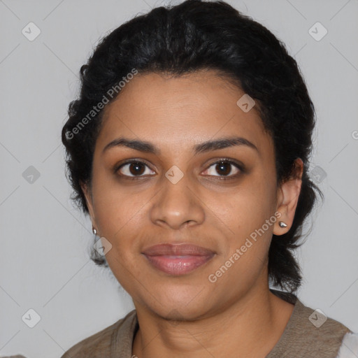 Joyful black young-adult female with medium  black hair and brown eyes