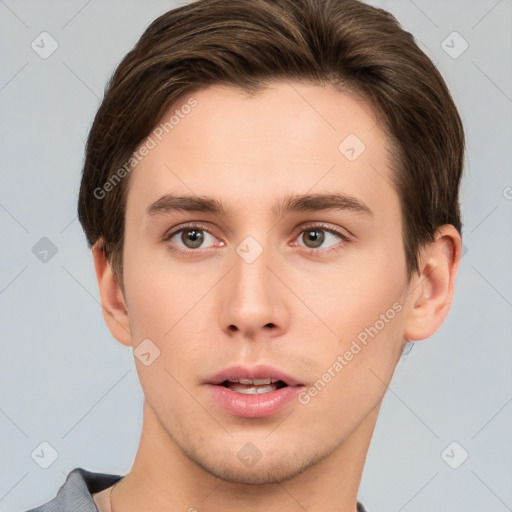 Neutral white young-adult male with short  brown hair and brown eyes