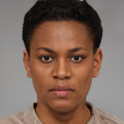 Neutral black young-adult female with short  brown hair and brown eyes