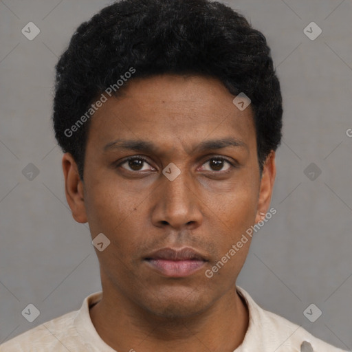 Neutral latino young-adult male with short  black hair and brown eyes