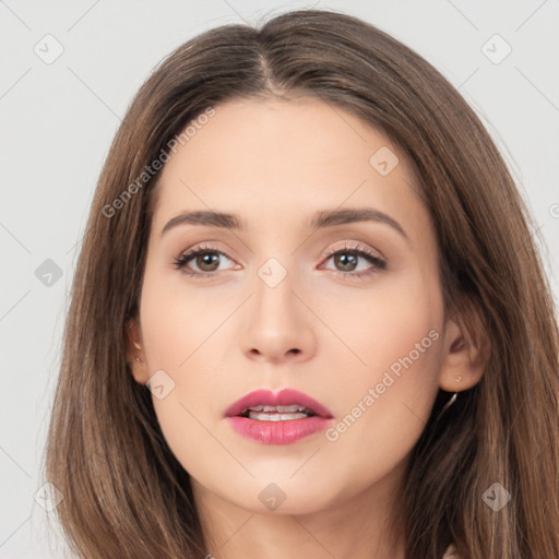 Neutral white young-adult female with long  brown hair and brown eyes