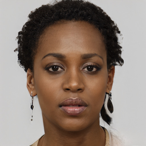 Neutral black young-adult female with short  brown hair and brown eyes