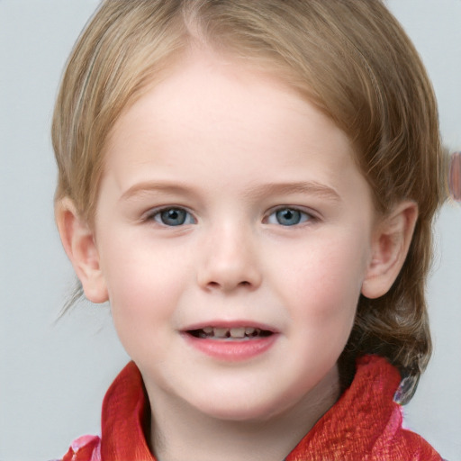 Joyful white child female with medium  brown hair and blue eyes