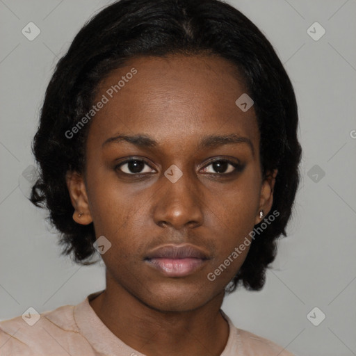 Neutral black young-adult female with medium  black hair and brown eyes