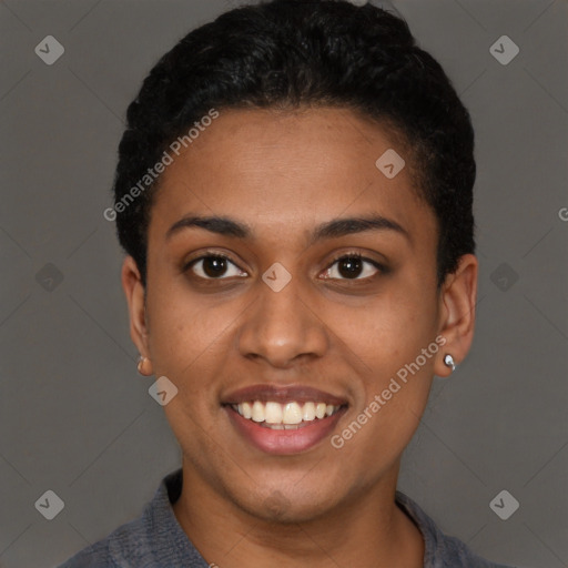 Joyful latino young-adult female with short  black hair and brown eyes