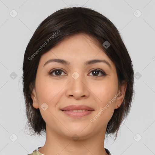 Joyful latino young-adult female with medium  brown hair and brown eyes