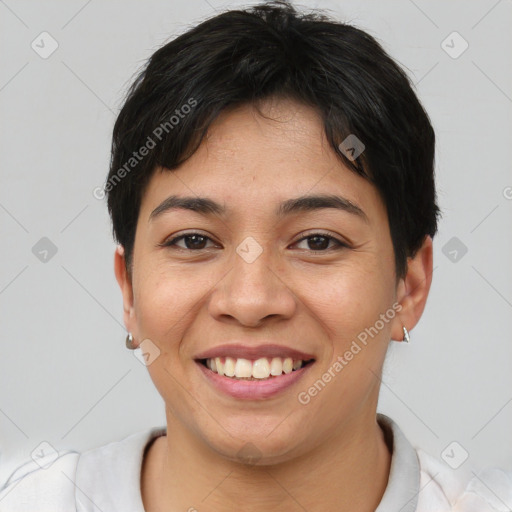 Joyful asian young-adult female with short  brown hair and brown eyes