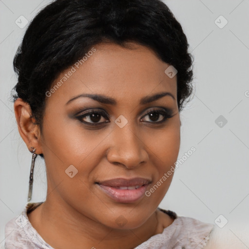 Joyful latino young-adult female with short  brown hair and brown eyes