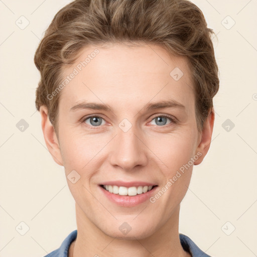 Joyful white young-adult female with short  brown hair and grey eyes