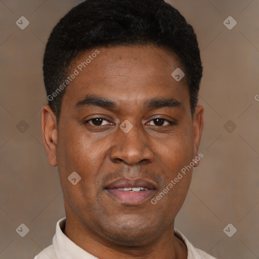 Joyful latino young-adult male with short  brown hair and brown eyes