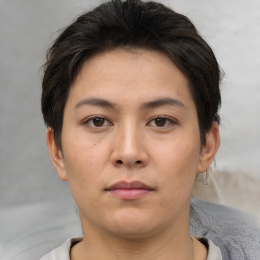 Neutral white young-adult female with short  brown hair and brown eyes