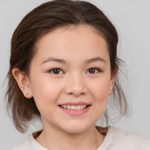 Joyful white child female with medium  brown hair and brown eyes