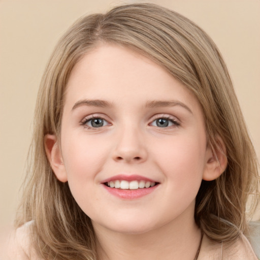 Joyful white child female with medium  brown hair and grey eyes