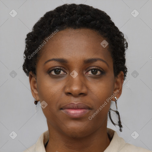 Neutral black young-adult female with short  black hair and brown eyes