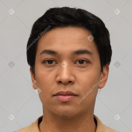 Neutral asian young-adult male with short  black hair and brown eyes