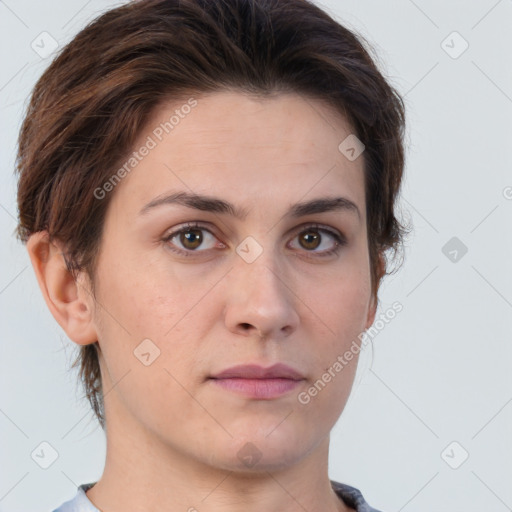 Neutral white young-adult female with short  brown hair and brown eyes